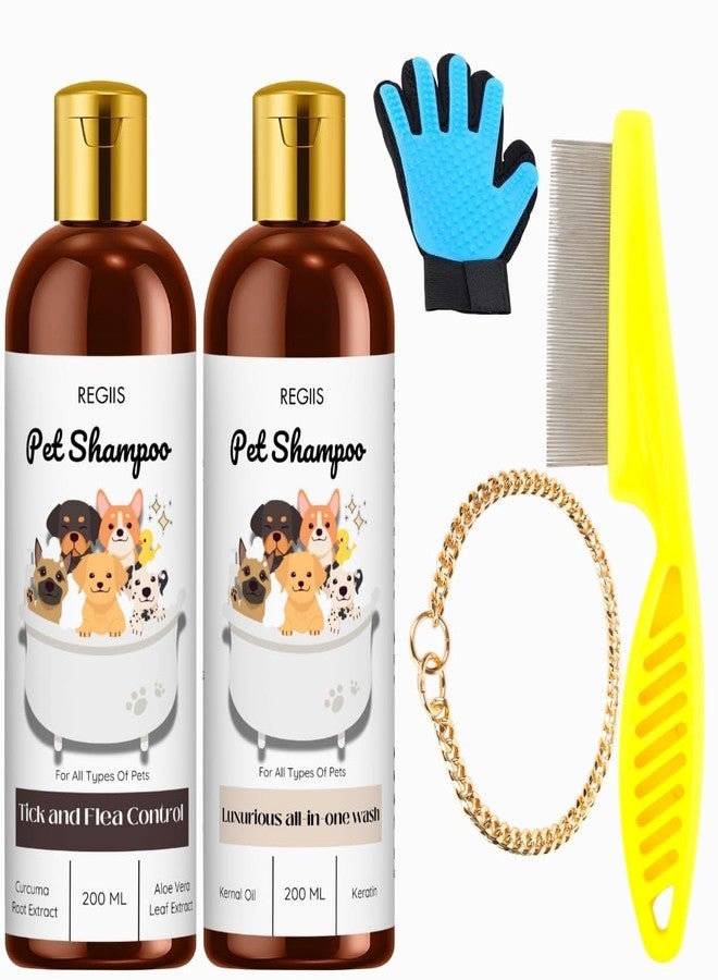 REGIIS Pet Shampoo Set with Grooming Tools, Tick and Flea Control, Luxurious All-in-One Wash, 200 ML, Includes Grooming Glove, Comb, Collar, 5-Pack